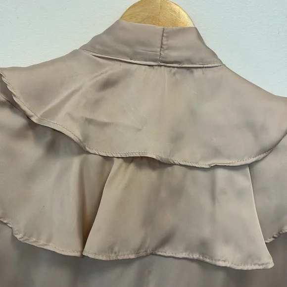 VINTAGE BERIN satin blouse top button front ruffle layers neck ties taupe large - Picture 5 of 13